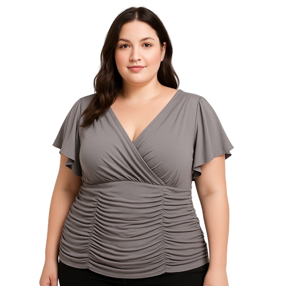 Alfred Angelo Blouse Grey Ruched Flutter Sleeve‎ V-Neck Cocktail Evening Chic